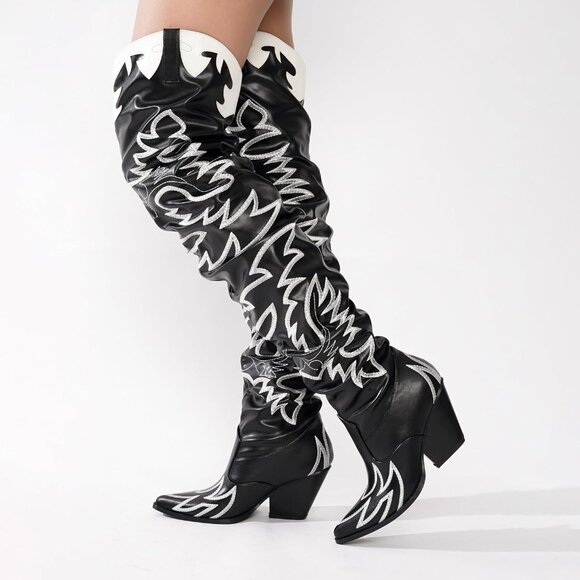 Women Black Fabric Thigh High Over The Knee Pointed Toe Chunky Heels Tall Boot - Picture 3 of 7